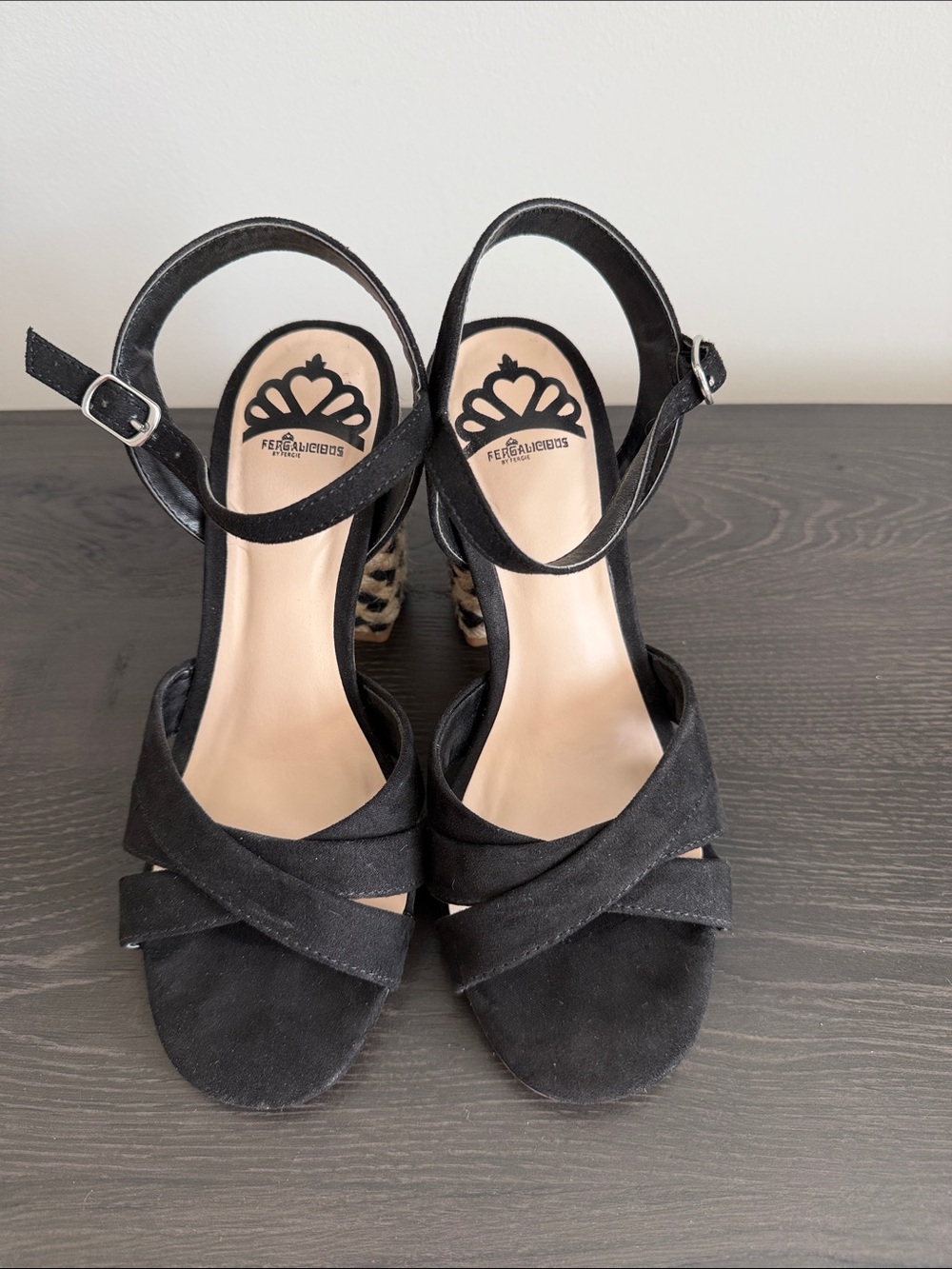 Fergalicious Black Crisscross Ankle Strap Heels with Patterned Block Heel